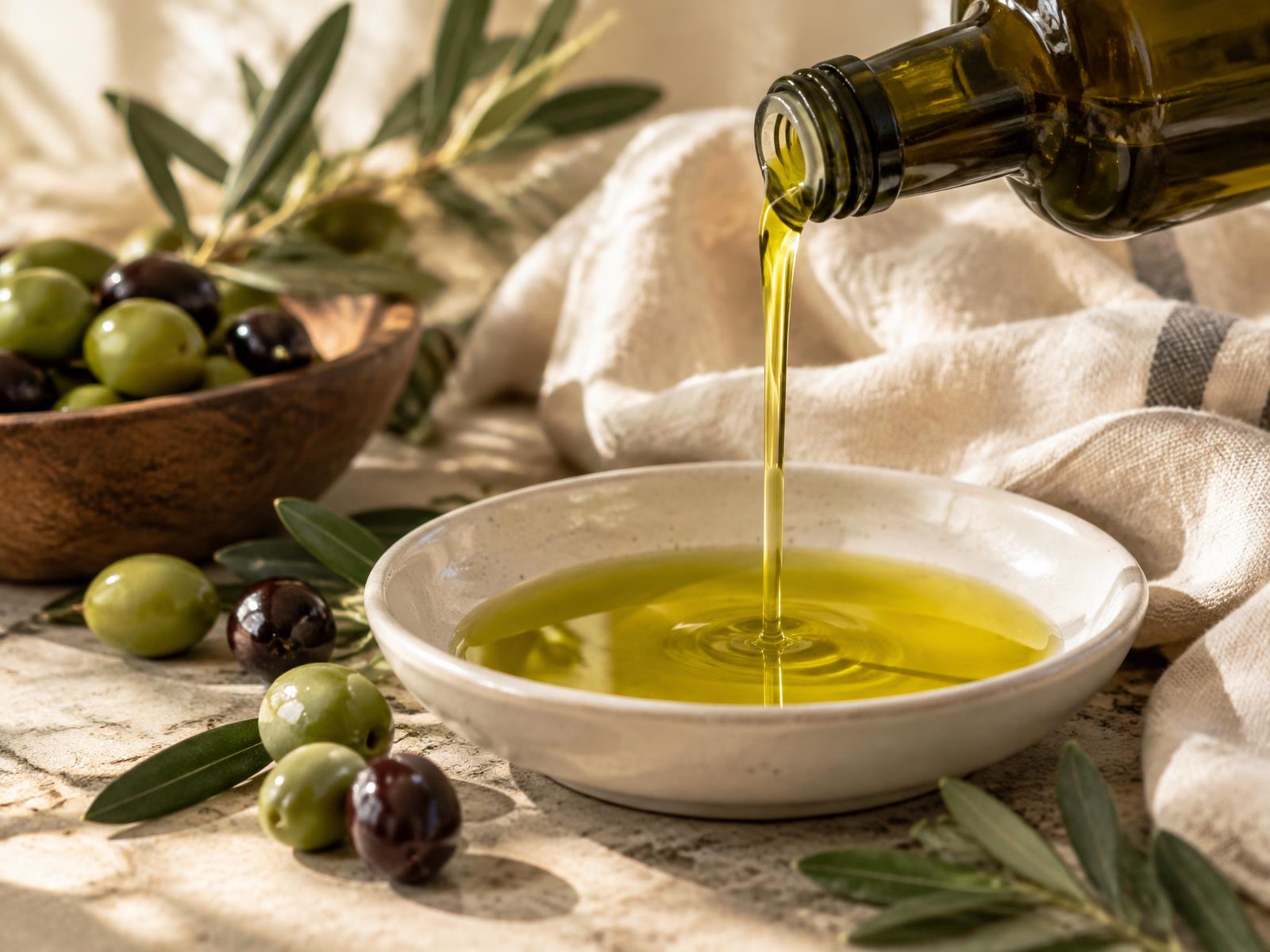 Extra virgin olive oil poured from a dark green bottle into a white dish beside fresh olives and olive leaves